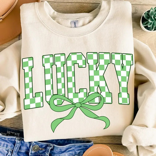 Retro Checkered Lucky St Patrick's Day Coquette Sweatshirt, St Patricks day Sweatshirt, Lucky Sweatshirt, St Patrick, St Pattys day , Retro St Patrick day