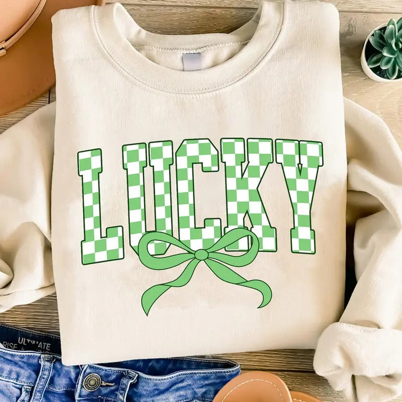 Retro Checkered Lucky St Patrick's Day Sweatshirt, Coquette Bow Lucky T-Shirt, St Pattys Day Tee Shirt, Lucky Shamrock Shirt