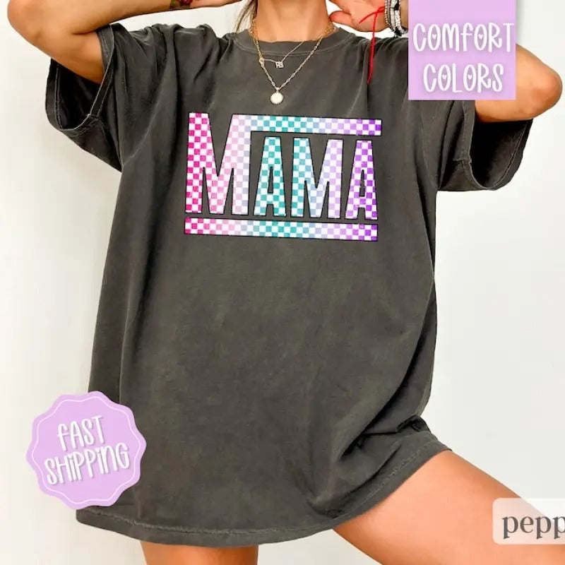 Retro Checkered Mama Graphic Tee, Comfort Colors Mama Checkered Shirt, Comfort Colors Mama Shirt, Motherhood Shirt, New Mom