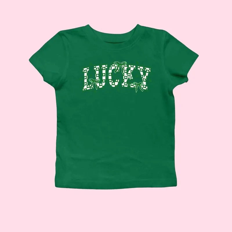 Retro Checkered St Patrick's Day Coquette Baby Tee, Lucky Shirt, St Patty's Day Varsity Shirt, Shamrock Shirt, St Patrick Baby Tee, Y2K 2000's Style