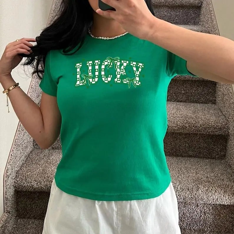 Retro Checkered St Patrick's Day Coquette Shirt, Lucky Shirt, St Patty's Day Varsity Shirt, Shamrock Shirt, St Patrick Baby Tee, Y2K 2000's Style, Streetwear Style1