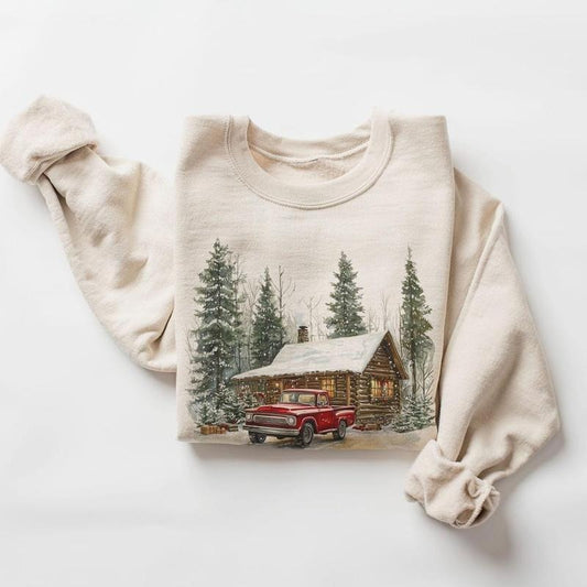 Retro Christmas Red Pickup Truck Winter Cabin Sweatshirt - 90s Mountain Pine Trees Snowy Day Cotton Pullover Menswear Garment
