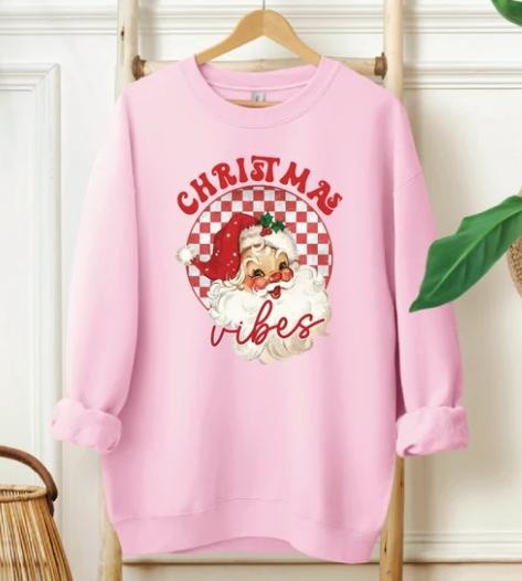 Retro Christmas Vibes Sweatshirt, Pink Santa Christmas Sweatshirt, Womens Santa Christmas Sweatshirt Cotton Long Sleeve