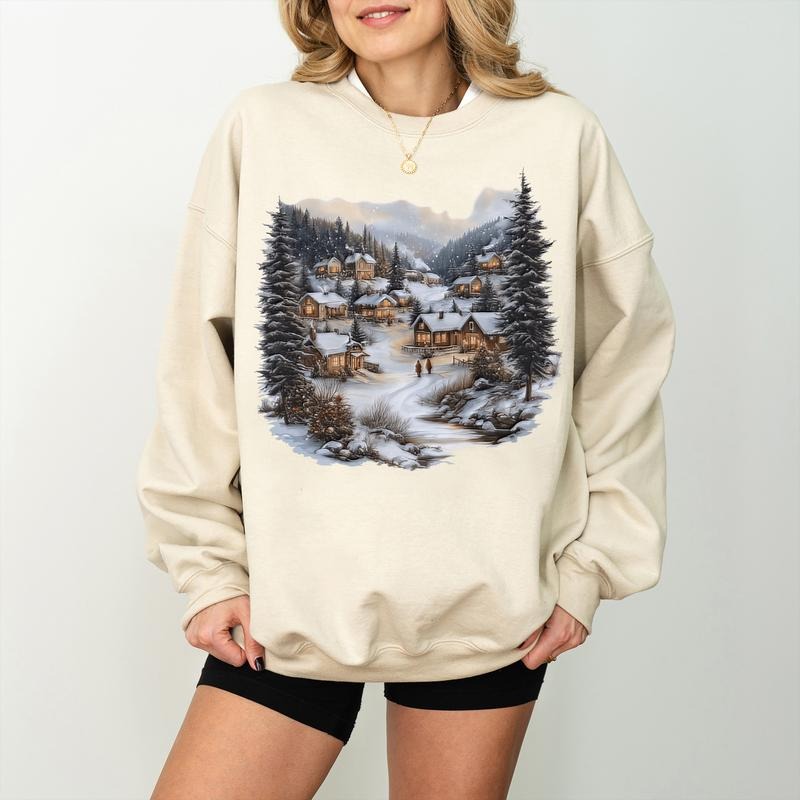 Retro Christmas Winter Village Sweatshirt, Nineties 90s Mountain Pine Trees Decorated Cabins Outfit, Boho Unisex Crewneck Sweatshirt
