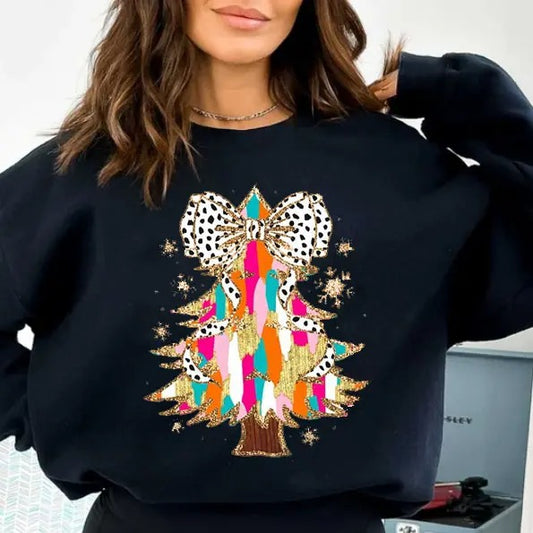 Retro Color Christmas Shirt, Xmas Coquette Bow Shirt, Colorful Tree and Bow for Christmas, Cute Christmas Gift, Coquette  Women's Christmas Sweatshirt