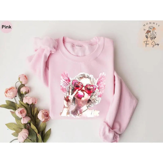 Retro Comfort Valentine Shirt, Blowing Bubble Cupid Shirt, Valentines Day Shirt for Women, Girlfriend Shirt, Valentine Day Sweatshirt