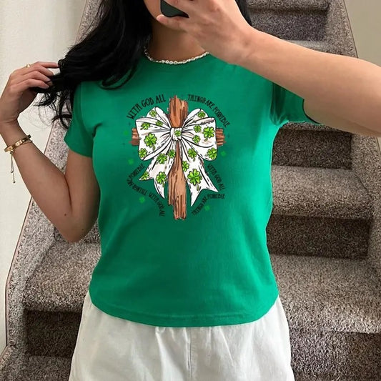 Retro Coquette St Patrick's Day Bow Shirt, Not lucky simply Blessed Roman 4 7-8 Shirt, Bible Verses Shirt, patrick Cross Baby Tee, Y2K 2000's Style, Streetwear Style