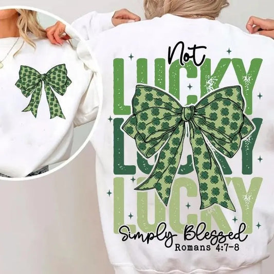 Retro Coquette St Patrick's Day Bow Shirt, Not lucky simply Blessed Roman 4:7-8 Shirt, Bible Verses Shirt, patrick Cross Shirt, Jesus St. Pattys Day Soft Cotton Shirt, Gift For Him, Gift For Her