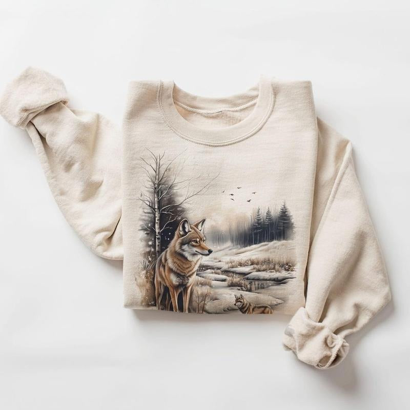 Retro Coyotes Winter Forest Scene Sweatshirt - Nineties 90s American Jackal Wildlife Nature Hoodie Cotton Pullover Menswear Day