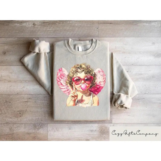 Retro Cupid Sweatshirt, Aesthetic Valentines Day Blowing Bubble Cupid Shirt, Valentines Day Sweater for Women, Cupid's Brewing Co Crewneck