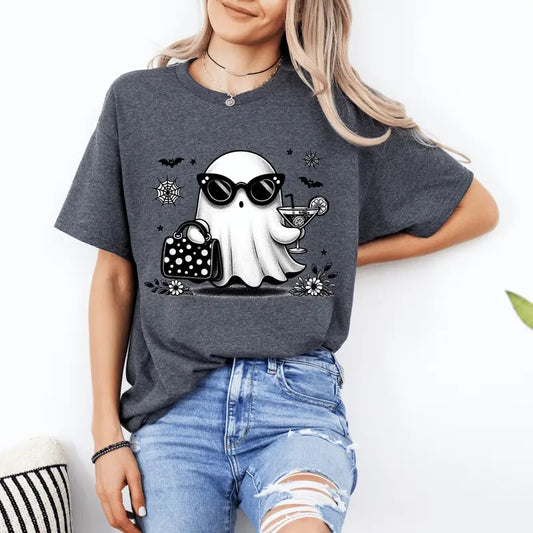 Retro Cute Halloween Ghost with Cocktail. Casual Everyday Relaxed Halloween Unisex T-Shirt.
