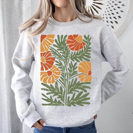 Retro Daisy Design, Greens, Orange, Vintage, Floral, Flower Sweatshirt