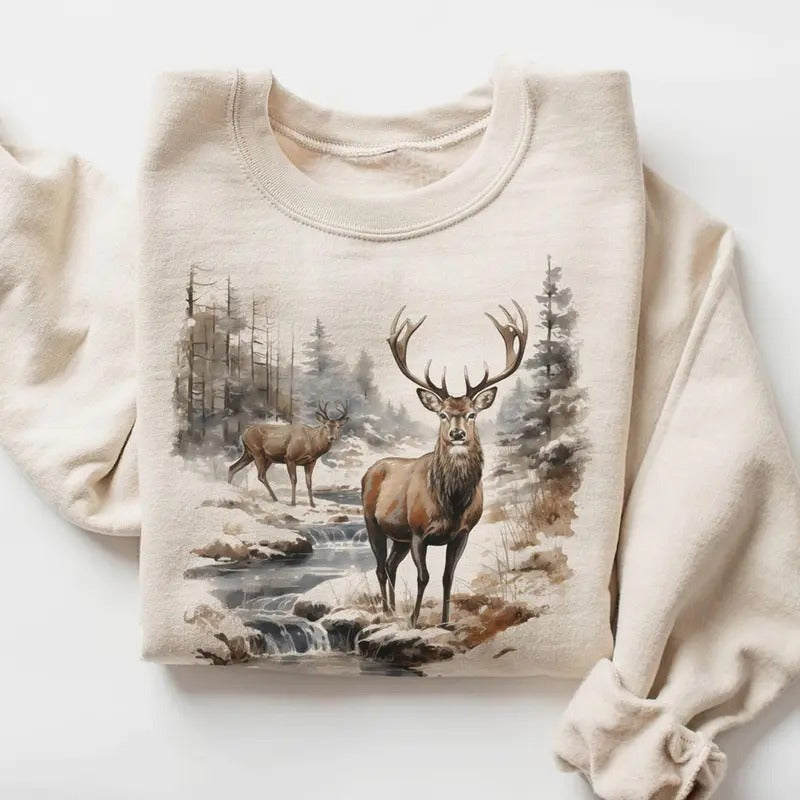 Retro Deer Wilderness Scene Sweatshirt - Nineties Vintage Buck And Doe Deer Outfit - Boho Unisex Crewneck Sweatshirt