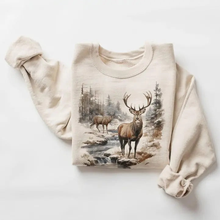 Retro Deer Wilderness Scene Sweatshirt, Nineties Vintage Buck And Doe Deer Outfit, Boho Unisex Crewneck Sweatshirt Tops Menswear Pullover