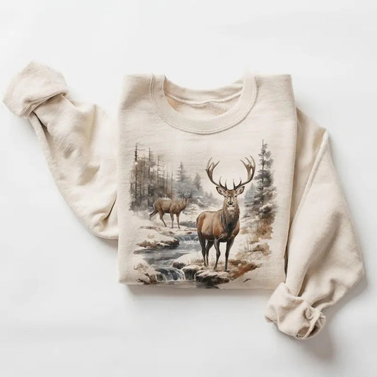 Retro Deer Wilderness Scene Sweatshirt, Vintage Buck And Doe Deer Outfit, Boho Unisex Crewneck Sweatshirt