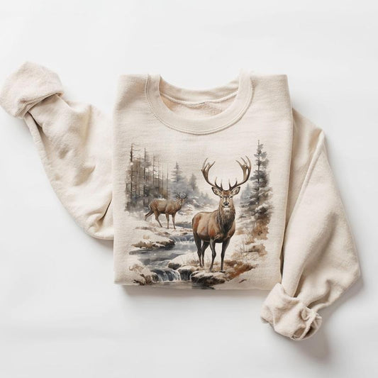 Retro Deer Wilderness Scene Unisex Sweatshirt, 90s Vintage Buck And Doe Deer Outfit Shirt, Boho Unisex Crewneck Sweatshirt