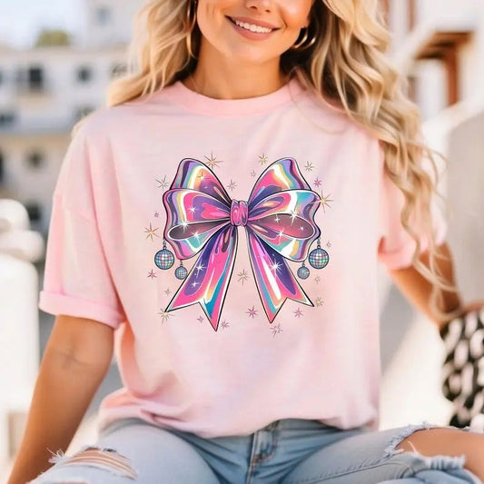 Retro Disco Coquette Bow Shirt, Pink Coloful Coquette Cute Bow Tee coquette christmas