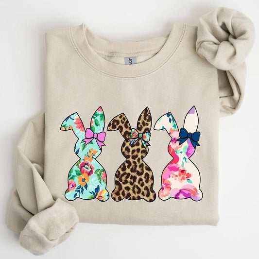 Retro Easter Rabbits, Floral, Leopard, Bunnies Sweatshirt, Women's Crew Neck, Crewneck