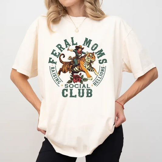 Retro Feral Moms Social Club Comfort Colors Shirt, Feral Mama Raising Hellions T-shirt, Vintage Somebody's Feral Wife Tee, Sarcastic Mom Clothing