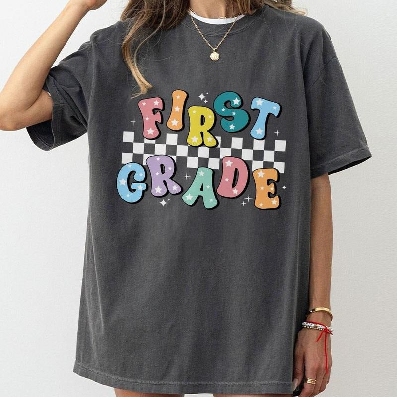 Retro First Grade Shirt, Teacher Comfort Tee, 1st Grade Teacher Shirt, Back To School Shirt, First Day Of School T-Shirt, New Teacher Gifts, Teacher Women Top