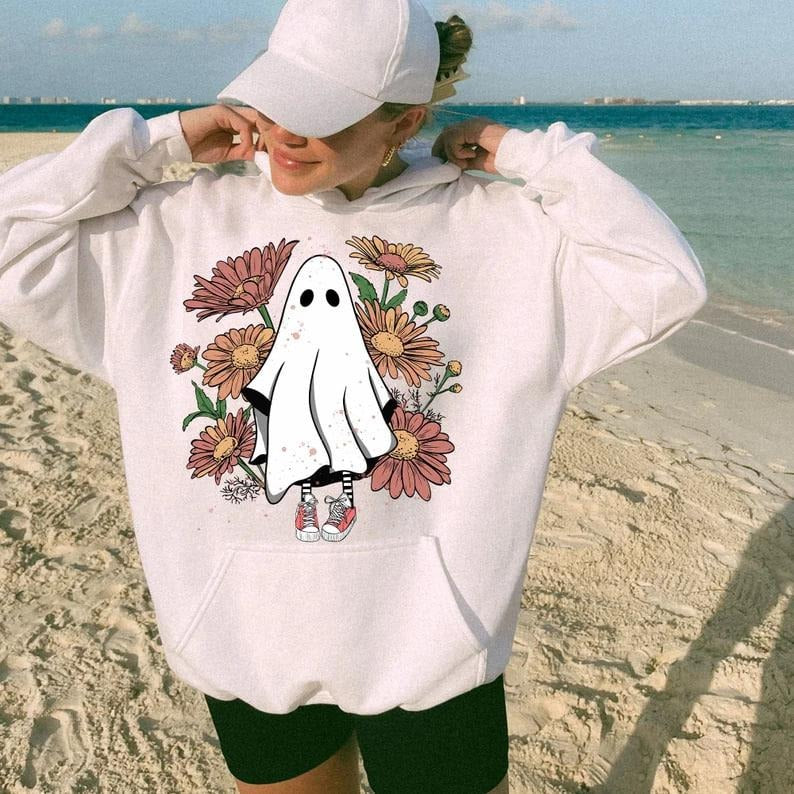Retro Floral Ghost Sweatshirt, Fall Halloween floral Sweatshirt, Halloween Cute Ghost Tee, Spooky Season Party Gifts, Halloween Gifts For Her