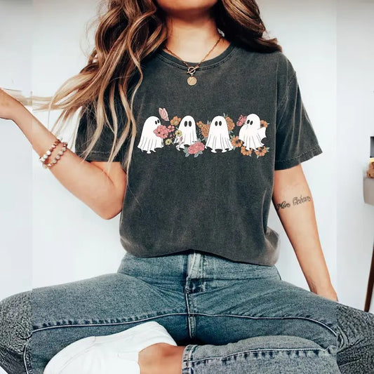 Retro Floral Ghosts Shirt, Cute Halloween Ghosts Tee, Ghosts With Flowers Shirt, Sp0oky Season Shirt, B0ujee Ghost, Spooky Vibe, Unisex Short Sleeve Tee Shirt, Casual Clothing