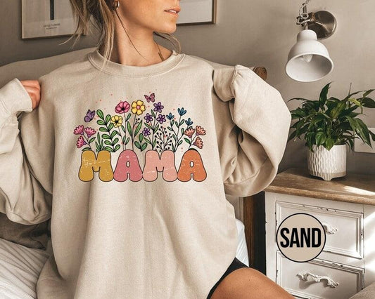 Retro Floral Mama Sweatshirt, Wildflowers Mother Hoodie, Floral Mom Outfit, New Mom Clothes, Pregnancy Announcement Gift, Mother's Day Gift