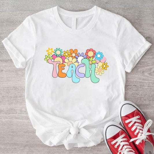 Retro Floral Teach T-Shirt, New Teacher Shirt, Matching Teaching Team Tee, Teacher's Day Gift Tee, Teacher Appreciation Shirt.