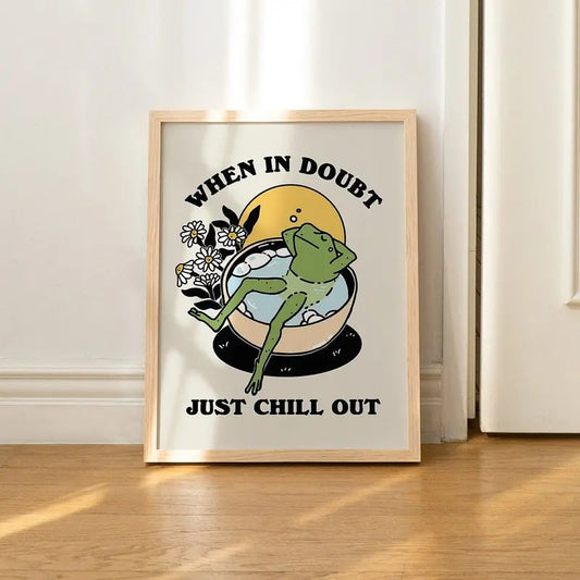 Retro Frog Wall Print, Chill Quote, Vintage Frog, Retro Flowers Illustration, Selfcare Print, Positivity Poster, Bathroom Prints, Poster Prints No Frame, Gifts For Her Art Prints, Wall Art Home Decor, Gifts For Birthday Landscape Ornaments