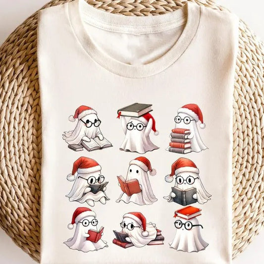 Retro Funny Cute Christmas Ghost Books Librarian Teacher Christmas Spooky Christmas Happy New Year Merry Christmas Graphic T Shirt for Women