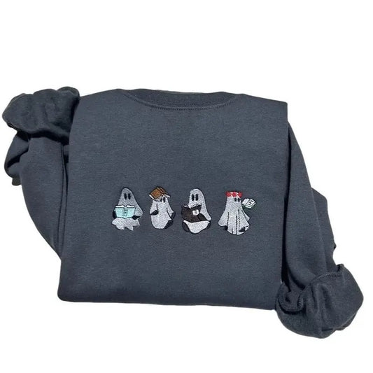 Retro Ghost  reading books embroidered sweatshirt; Halloween embroidered crewneck; Spooky season casual sweaters Casual Plain