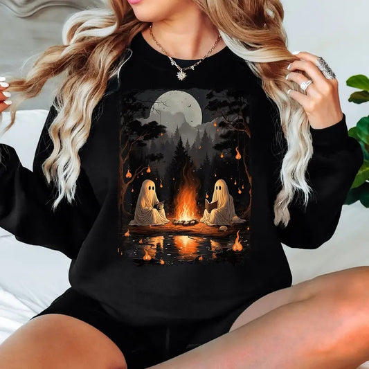 Retro Ghost Book Reading Camping Gothic Halloween Teachers T-shirt Sweatshirt Hoodie, Ghost Book Reading Sweatshirt, Halloween Trip Shirt, Camping Gothic Shirt