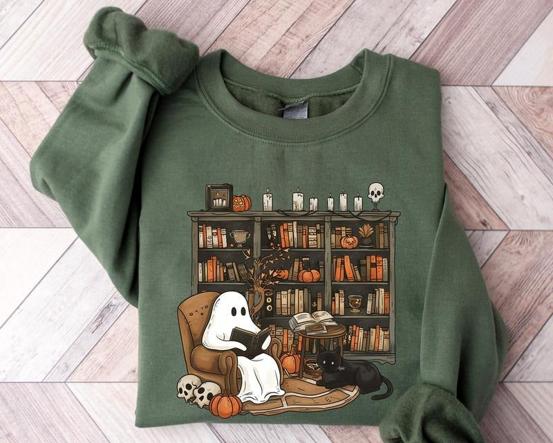 Retro Ghost Reading Books Sweatshirt Librarian Ghost Halloween Halloween Teacher Sweatshirt Halloween Shirt Teacher Gift Boo School  T-shirt, sweater and Hoodie