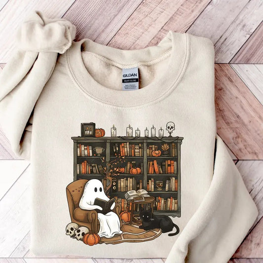 Retro Ghost Reading Books Sweatshirt T-shirt Hoodie, Librarian Ghost Halloween, Halloween Teacher Sweatshirt, Halloween Shirt, Teacher Gift, Boo School