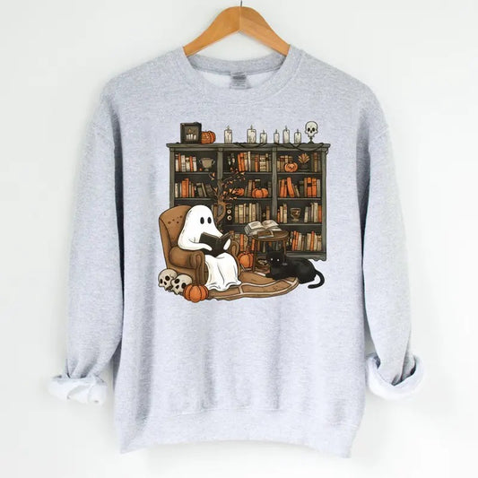 Retro Ghost Reading Books Sweatshirt, Librarian Ghost Halloween, Halloween Teacher Sweatshirt, Halloween Shirt, Teacher Gift, Boo School - Unisex Crewneck Sweatshirt for Men and Women - Pullover, Womenswear