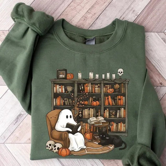 Retro Ghost Reading Books Sweatshirt, Librarian Ghost Halloween, Halloween Teacher Sweatshirt, Halloween Shirt, Teacher Gift, Boo Schoolstyle{n002}2