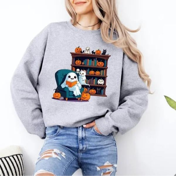 Retro Ghost Reading Books Sweatshirt, Retro Ghost Reading Books Sweatshirt, Librarian Ghost Halloween, Halloween Shirt, Boo School Sweater