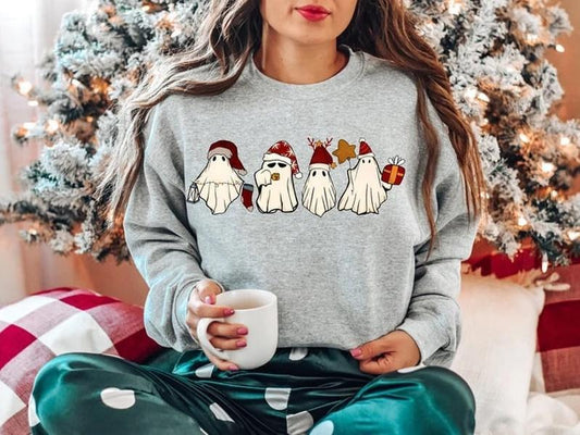 Retro Ghost Santa Sweatshirt, Christmas Ghosts Sweatshirt, Christmas Gift, Christmas Sweatshirt, Cute Ghost Shirt, Ghost Santa Shirt