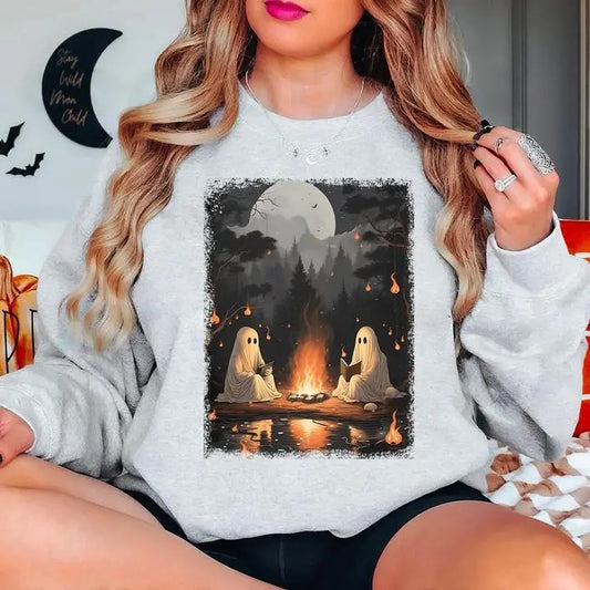 Retro Ghost Sweatshirt, 90s Halloween Shirt, Ghost Camping Sweatshirt, Ghost Reading Shirt, Halloween Gift For Book Lover, Halloween Sweatshirt, Unisex Classic Cotton
