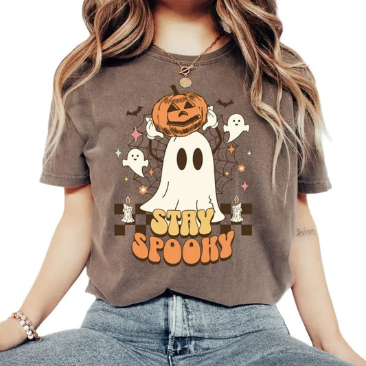 Retro Ghost T-Shirt, Cute Fall Halloween Tee, Spooky Season T-Shirt, Women's Halloween T-Shirt, Oversized Pumpkin Top, Hottrend 2024