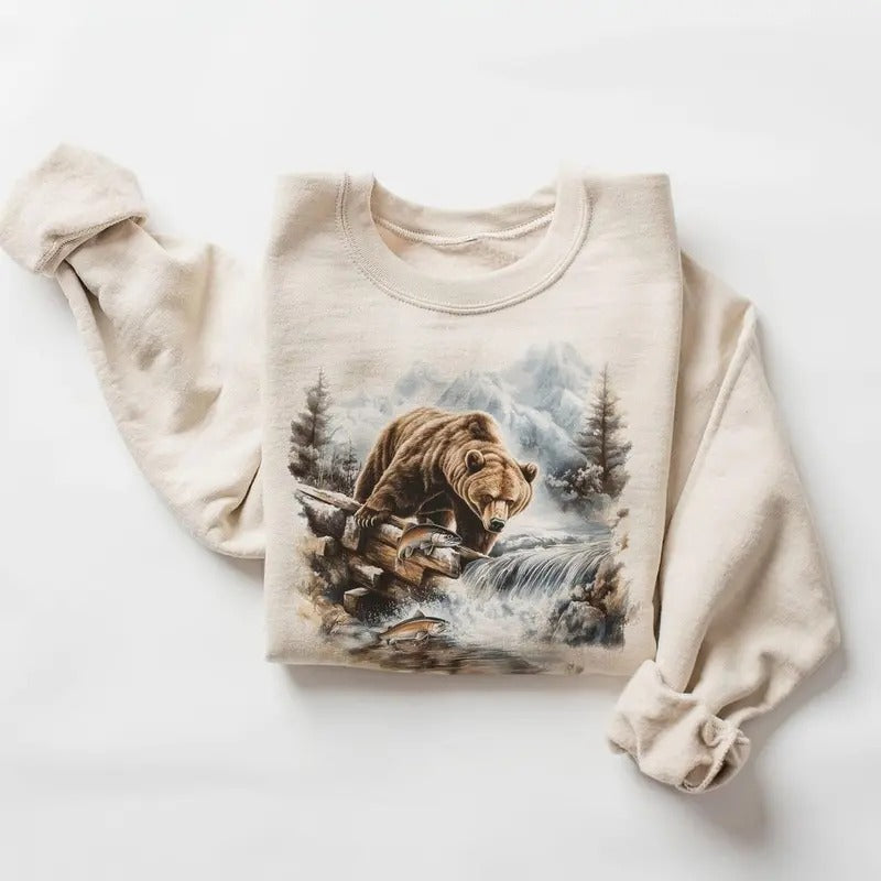 Retro Grizzly Bear Fishing In Creek Sweatshirt - 90s Vintage Brown Bear Alaska Trout Fish Cotton Pullover Menswear Day