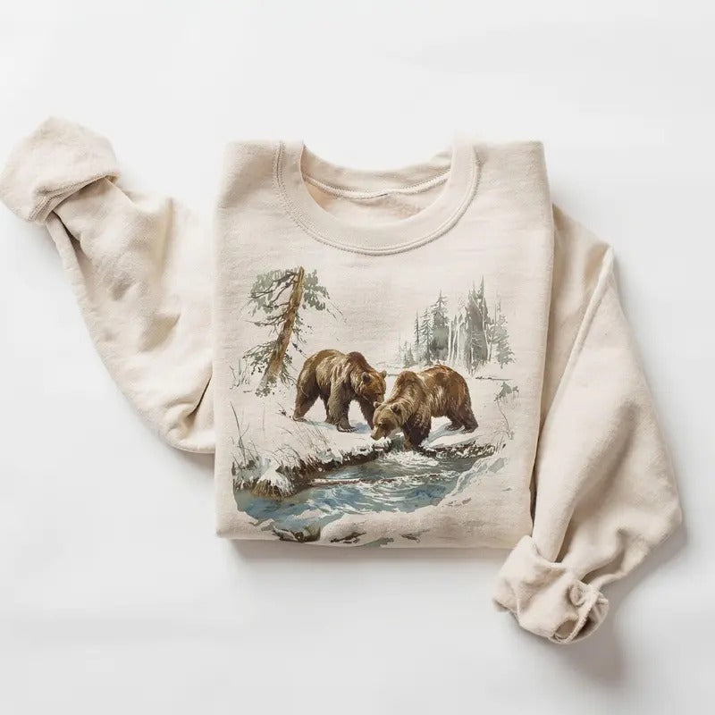 Retro Grizzly Bears Wilderness Scene Sweatshirt - Nineties 90s Vintage Brown Bear Outfit - Boho Unisex Crewneck Sweatshirt