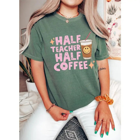 Retro Half Teacher Half Coffee Shirt, Cute Coffee Lover Teacher Shirt, Teacher Appreciation Gift, Back To School, New Teacher