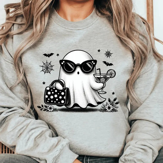Retro Halloween Ghost with Cocktail. Casual Everyday Softstyle Halloween Unisex Pullover Crewneck Sweatshirt.