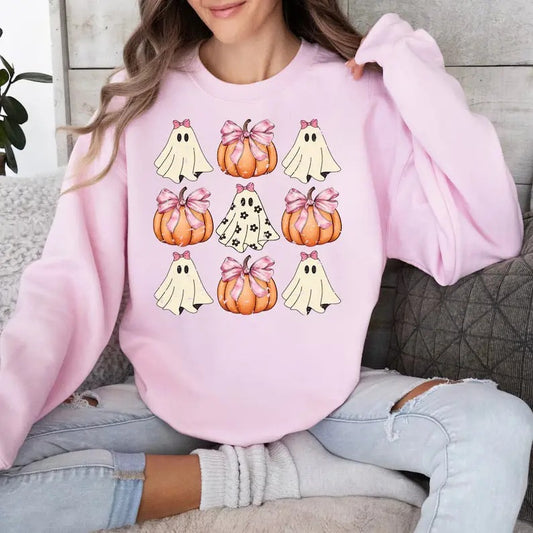 Retro Halloween Sweatshirt, Coquette Halloween Shirt, Hallowen Pumpkin Shirt, Pink Pumpkin Shirt, Pumpkin Coquette Bow Shirt, Coquette Ghost Shirt