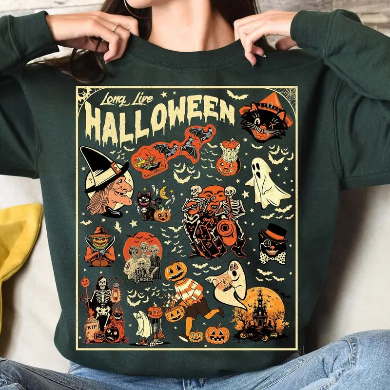 Retro Halloween Sweatshirt, Long Live Halloween Sweater, Halloween Pumpkin Black Cat Shirt, Fall Halloween Witch T-Shirt, Vintage 90s Halloween Sweater, Halloween Vibes Shirt