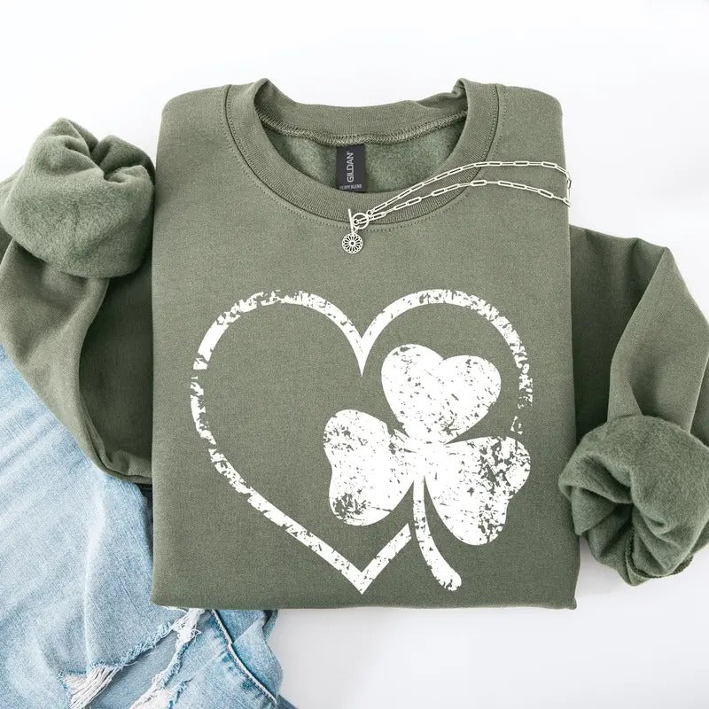 Retro Heart, Vintage, St Patrick's Day, Shamrock, Clover, Lucky, Leprechaun Sweatshirt, Crew Neck, Women's, Crewneck