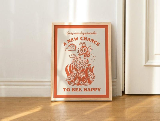 Retro Honey Bee Wall Print, Bumble Bee Poster Print, Positivity Quote Art, Retro Illustration, Burnt Orange Decor, Poster Prints No Frame, Gifts For Her Bedroom Decor, Wall Art Home Decor, Gifts For Birthday Christmas Xmas Artwork Landscape