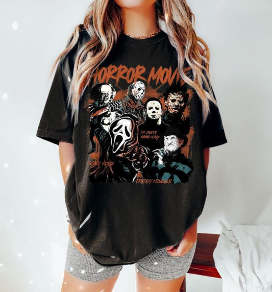 Retro Horror Characters Halloween, Vintage Michael Myers Ghostface Halloween Shirt Retro Y2K Scary Horror Movie Halloween Characters Shirt