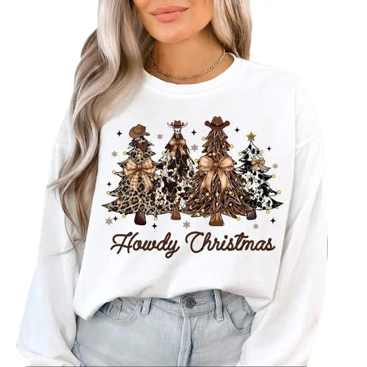 Retro Howdy Western Christmas Tree Crewneck Sweatshirt, Cowboy Cowgirl Christmas, Coquette Christmas Bow Shirt